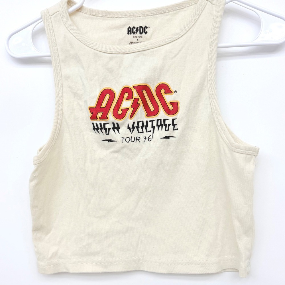 ACDC High Voltage Tour 76 Graphic Crop Tank Top Retro Indie Womens Large Cream